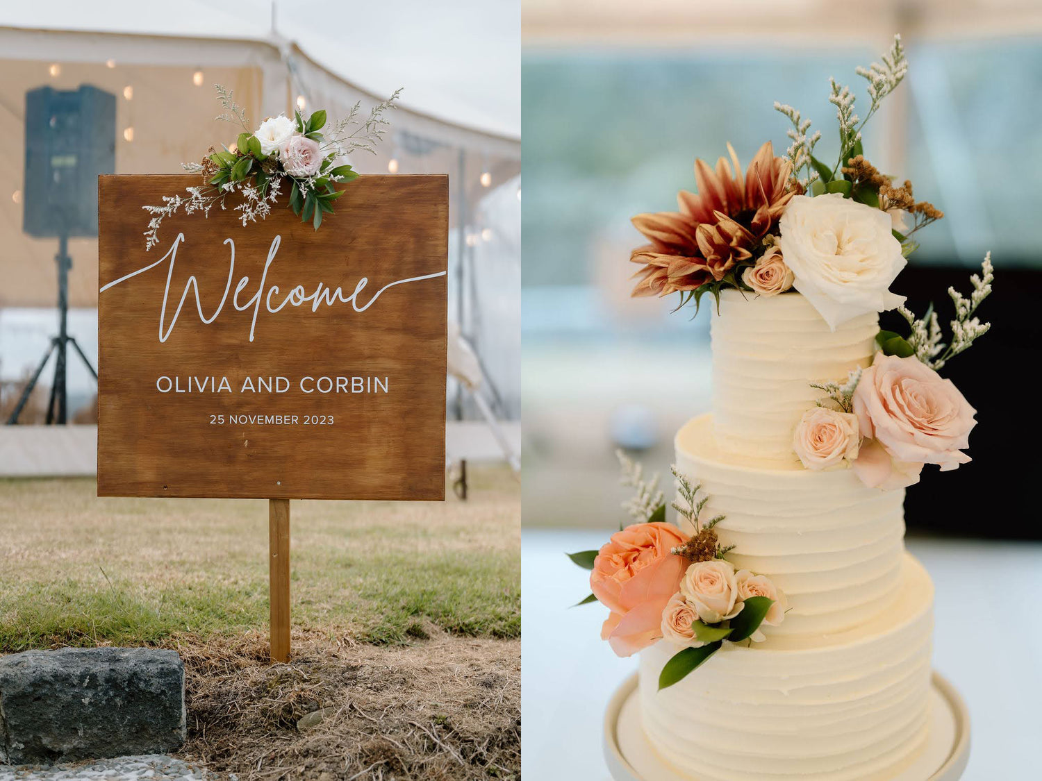 Wedding sign and cake with beautiful fresh flowers