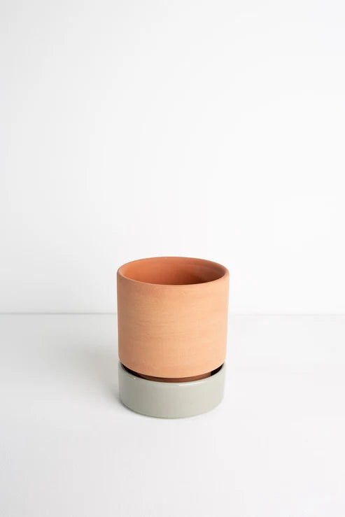 A cylindrical terracotta planter with a narrower base and a glazed saucer, displayed against a neutral background.