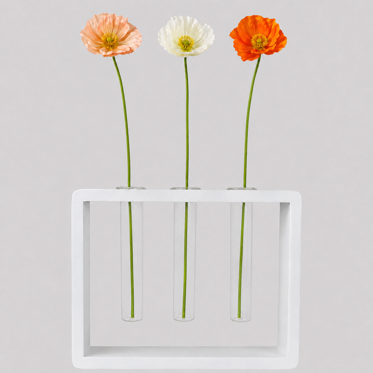 A white rectangular wall-mounted frame holding three clear glass tubes with long flower stems: peach, white, and orange blossoms, against a light gray background.