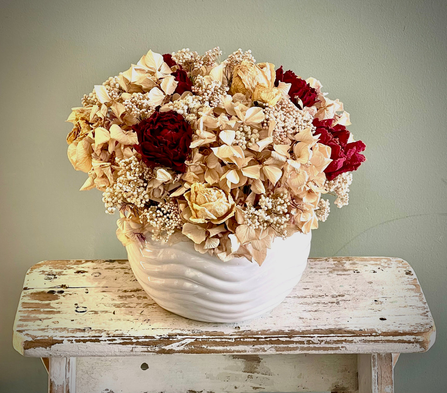 Dreid Flower arrangement featuring peonies and hygrangea