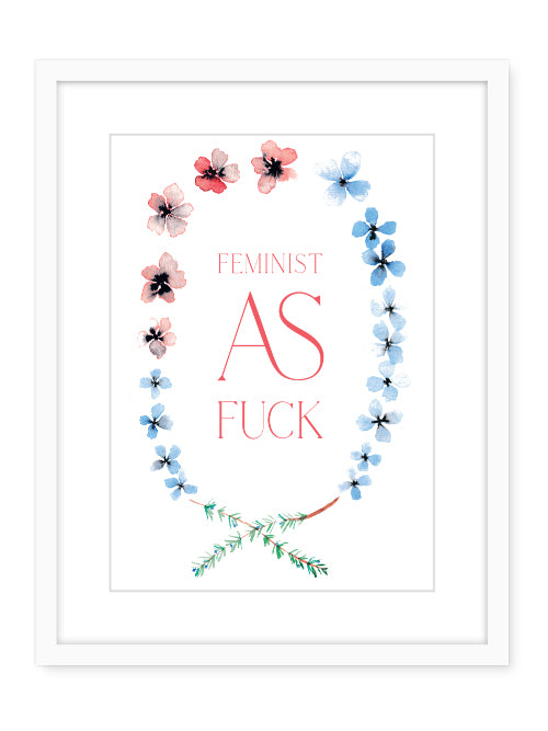 Framed art showing a flower necklace with text in the middle that reads Feminist as Fuck