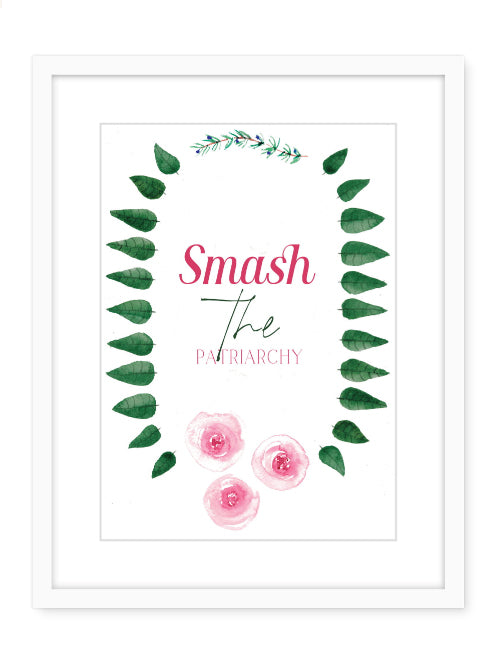 Framed art showing a flower necklace with text in the middle that reads Smash the Patriachy