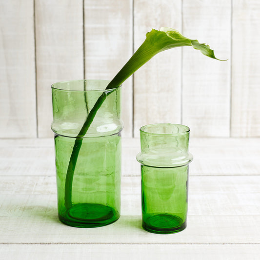 Hand blown green glass vases